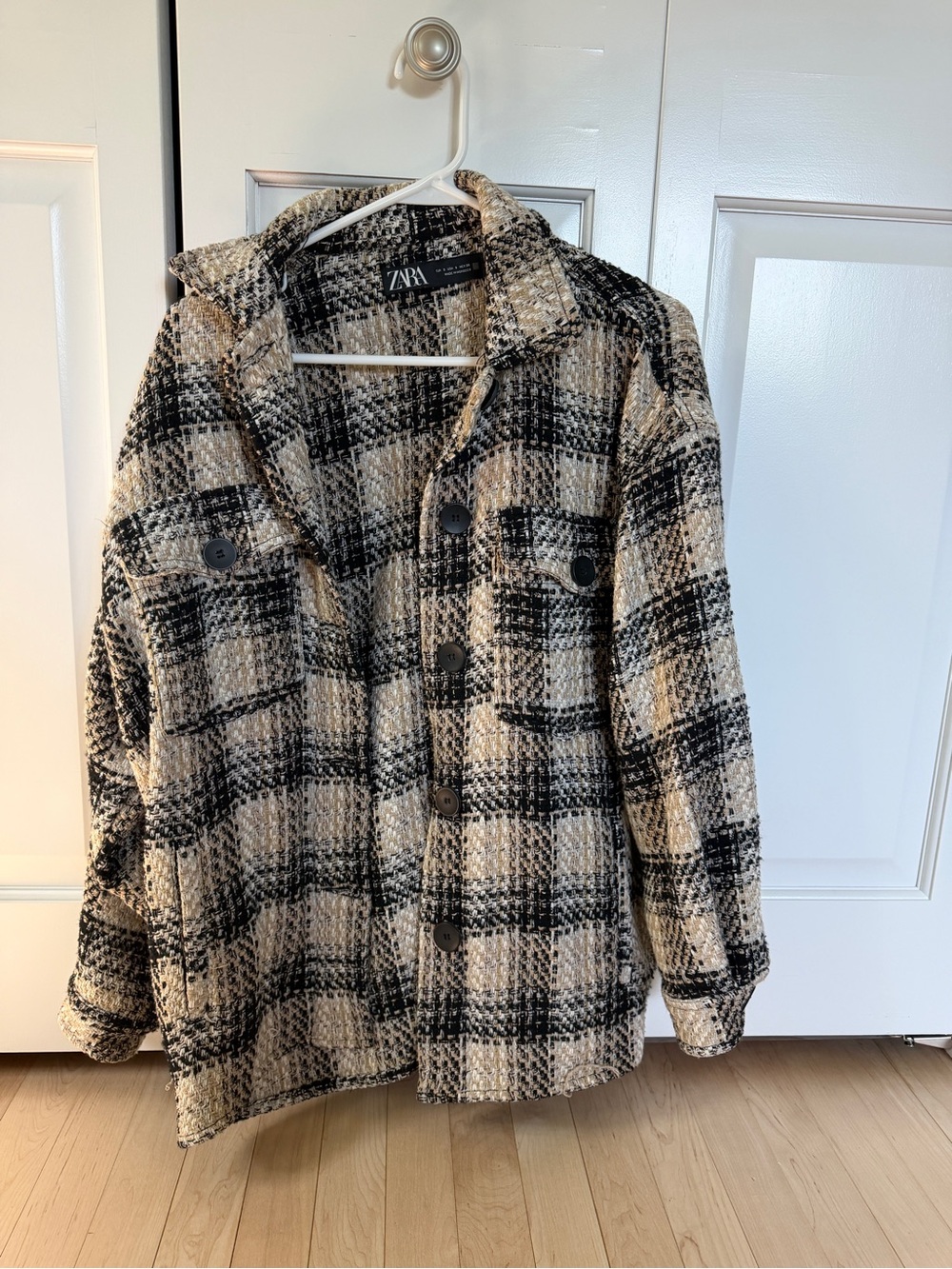 ZARA Black & Cream Plaid Button-Up Coat